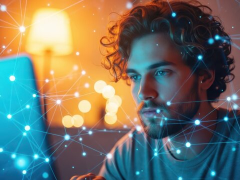Focused man working on laptop with abstract network connection overlayed