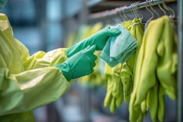 Safety check of personal protective equipment in a health facility during daytime to ensure proper hygiene and compliance with safety standards