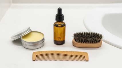 Beard grooming kit with oil, balm, brush, and comb on bathroom counter