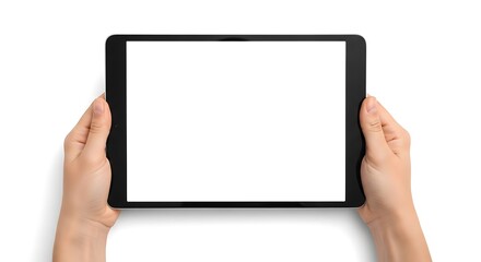 Hands holding blank tablet screen for your content display and app mockups