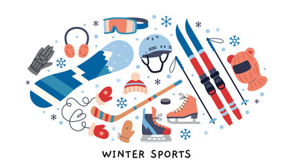 Fototapeta premium Winter sports equipment and accessories. Skiing, snowboarding, skating and cold weather gear concept. Trendy modern vector illustration isolated on white background, hand drawn, flat design