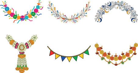 Collection of decorative floral garlands and buntings isolated on transparent background for festive celebrations