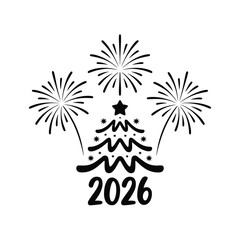New year 2026 celebration with fireworks and christmas tree