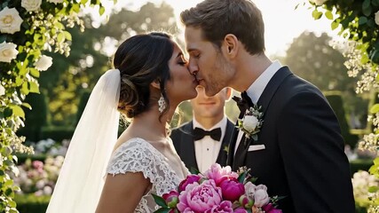 Cinematic close-up of a diverse bride and groom kissing passionately under a floral arch during their outdoor wedding ceremony, perfect for romantic film sequences and luxury wedding promotions. - Powered by Adobe