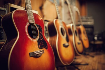 Guitars lined up in a recording studio with a soft focus on instruments, capturing the essence of music production and creativity in a warm atmosphere