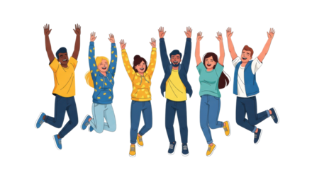 A diverse group of six young adults in colorful streetwear jump ecstatically, arms raised, stylized as a flat cartoon vector on a transparent background. Concept of collective success and boundless