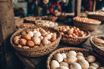 Fresh eggs for sale in a vibrant Vietnam market showcasing local produce and traditional baskets