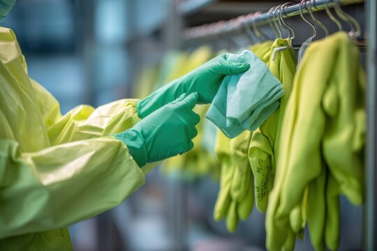 Safety check of personal protective equipment in a health facility during daytime to ensure proper hygiene and compliance with safety standards