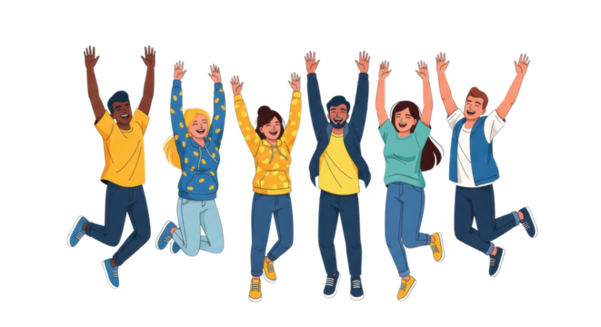 A diverse group of six young adults in colorful streetwear jump ecstatically, arms raised, stylized as a flat cartoon vector on a transparent background. Concept of collective success and boundless - Powered by Adobe