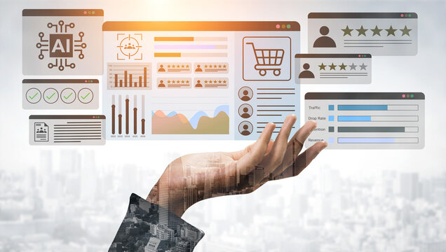 A creative depiction of artificial intelligence and data analytics, featuring a hand displaying digital interfaces, user profiles, and shopping icons in a cityscape. Gantry