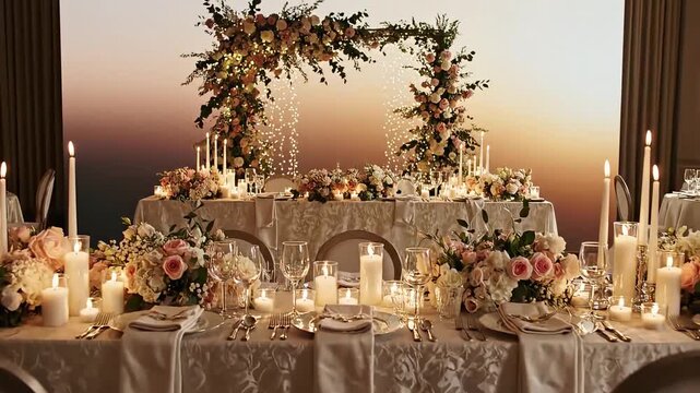Elegant wedding sweetheart table setting decorated with lush floral arch, warm flickering candles, and luxury tableware at dusk, perfect for bridal event promotions and romantic holiday advertising.