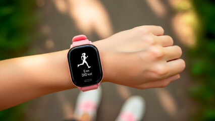 A young woman jogs in the morning with a touchscreen watch that tracks distance traveled and calories burned. Healthy lifestyle.