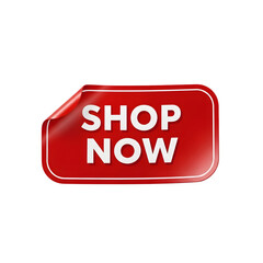 Red shop now sticker with a curled corner, perfect for online promotions and ecommerce websites, isolated on transparent background