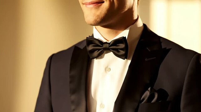 Cinematic close-up of a stylish man wearing a classic black tuxedo, white shirt, and satin bow tie, perfect for luxury lifestyle advertising and wedding concepts.