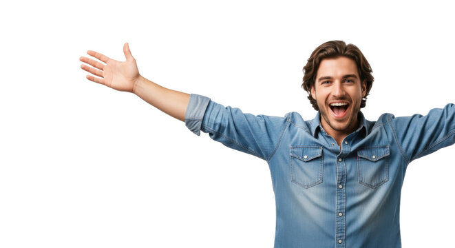 Young caucasian man, early 20s, wavy brown hair, wearing a light denim shirt, shouting with pure ecstasy and arms wide open on a transparent background. concept of uninhibited joy