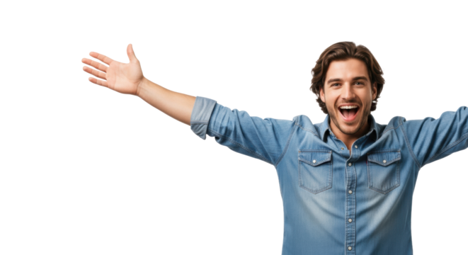 Young caucasian man, early 20s, wavy brown hair, wearing a light denim shirt, shouting with pure ecstasy and arms wide open on a transparent background. concept of uninhibited joy