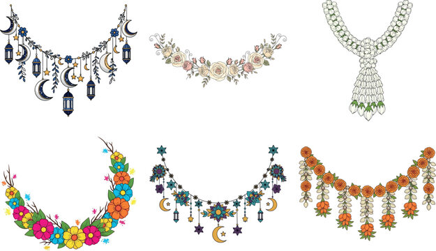 Collection of decorative floral garlands and neck designs isolated on transparent background, perfect for adding a touch of elegance - Powered by Adobe