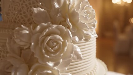 Close up detail of a luxurious white tiered wedding cake adorned with delicate sugar roses and elegant lace piping, perfect for bakery advertising and luxury event announcements.