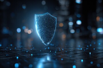 Digital shield representing cybersecurity, showcasing a futuristic protective barrier in a dark, illuminated environment