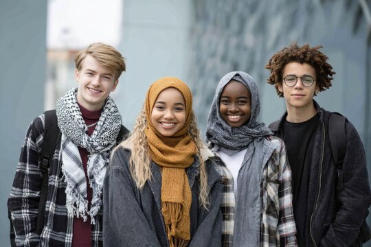 Multicultural students smiling together in urban setting, showcasing their diverse backgrounds and styles during a sunny day
