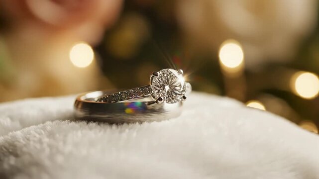 Brilliant diamond engagement ring and wedding band, stacked and sparkling with bright starburst light on a white soft surface, set against warm golden bokeh, perfect for luxury jewelry commercials.