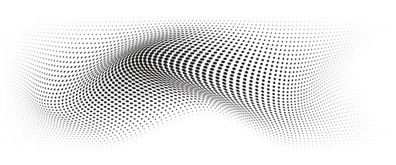 Flowing Wave Dot Halftone Pattern: Curve Gradient Shape on Transparent Background. Suitable for AI, Tech, Network, Digital, Science, and Technology Themes.