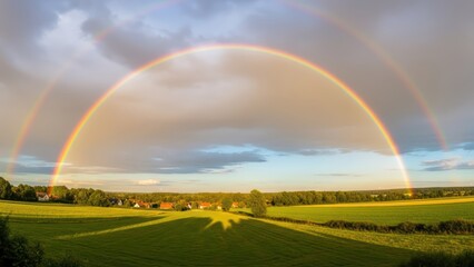 Naklejka premium Beautiful double rainbow over lush green field and village landscape