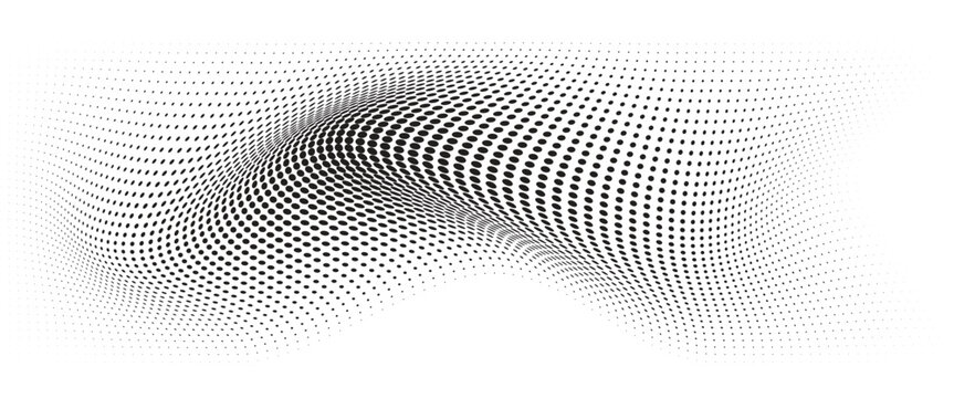 Flowing Wave Dot Halftone Pattern: Curve Gradient Shape on Transparent Background. Suitable for AI, Tech, Network, Digital, Science, and Technology Themes.