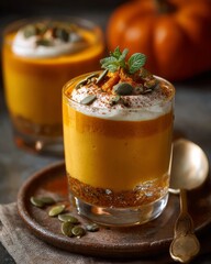 Deliciously creamy pumpkin mousse served in elegant glass cups adorned with mint leaves and topped with pumpkin seeds, perfect for autumn gatherings and festivities
