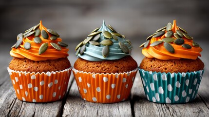 Delightful pumpkin cupcakes adorned with seeds, celebrating the warmth and flavors of autumn on a rustic wooden table