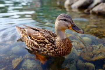 Realistic scene of a duck gliding gracefully across clear waters among smooth stones at a peaceful lake during a sunny afternoon