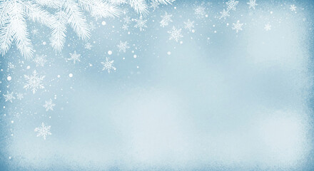 Light blue background with white snowflake and fir branch accents, conveying a winter, Christmas, holiday spirit, perfect for festive designs and events