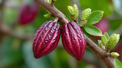 Brightly colored ripe cacao pods hang from the lush green branches of a cacao tree under vibrant sunlight in an exotic tropical landscape