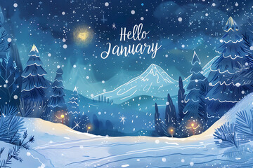 Serene winter forest scene at night with snowy mountains and january greeting