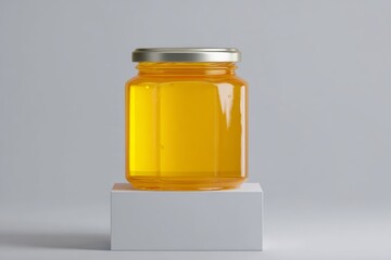 Elegant honey jar mockup on a white platform showcasing rich jelly texture under soft studio lighting