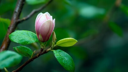 Budding magnolia flower emerges in tranquil garden, showcasing delicate petals and vibrant green leaves surrounded by nature&rsquo;s beauty