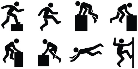 Stickman parkour movement set, Obstacle action silhouette pack, Athletic motion icon collection