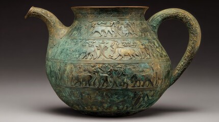 Craftsmanship of ancient artisans revealed in a green copper ewer adorned with dancing bears, elks, and wolves amidst a grand feast setup