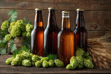 Craft beer bottles arranged with fresh hops and barley on a rustic wooden table in a cozy brewery setting, showcasing brewing ingredients and artisanal craftsmanship