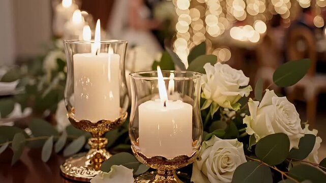 Close-up shot of two white candles burning brightly in ornate gold and glass holders, surrounded by white roses and lush greenery, perfect for wedding ambiance and luxury event promotion.