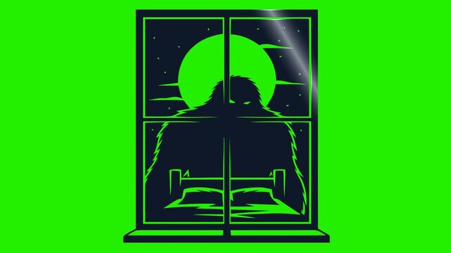Giant Hairy Creature Silhouette Outside Bedroom Window Full Moon Night simple logo greenscreen
