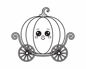 Cute Monochrome Cartoon Pumpkin Carriage Line Art Icon or Coloring Page for Halloween