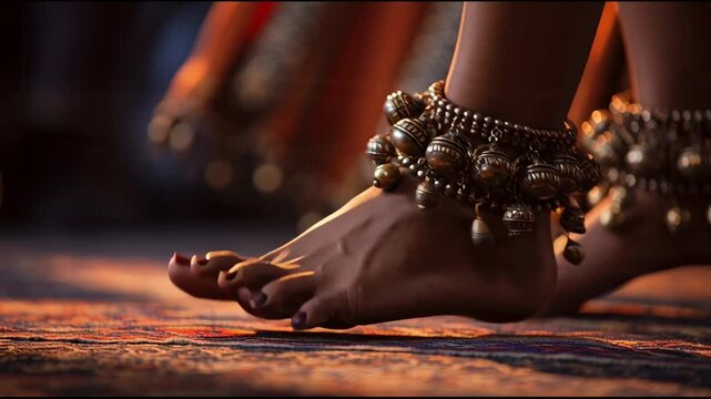 Mesmerizing belly dancing feet adorned with traditional anklets moving gracefully in rhythmic motion during a vibrant cultural performance