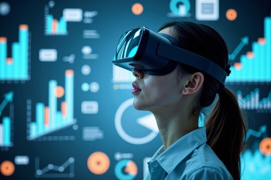 Immersed in a Digital World: Person Wearing Virtual Reality Glasses Surrounded by Floating KPI Metrics and Data Dashboards