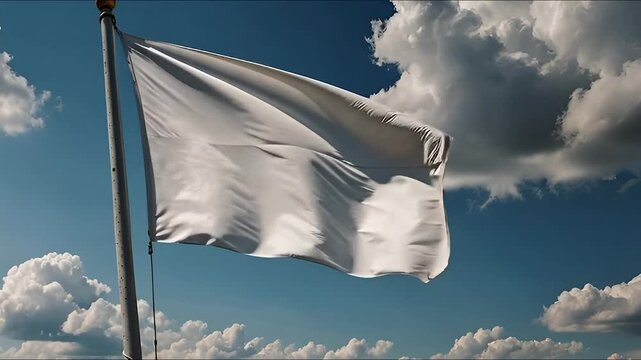 White Flag Waving in Wind Against Dramatic Blue Sky and Puffy White Clouds