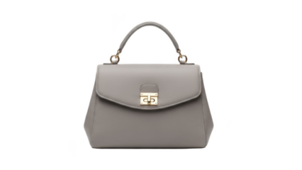 Elegant taupe gray structured top handle handbag with gold clasp, sophisticated women’s leather style purse for business, meetings and formal occasions, timeless classic fashion accessory isolated

