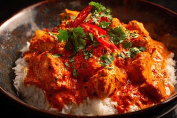 Delicious chicken tikka masala served in a balti dish over fluffy white rice with fresh herbs and spices for an authentic taste experience