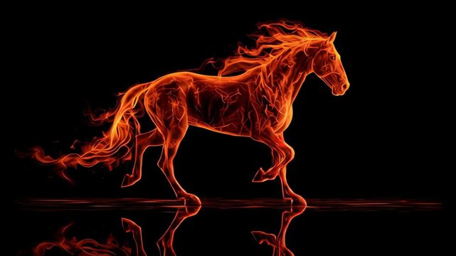 A fairy flame horse is running in the dark with its mane and tail on fire