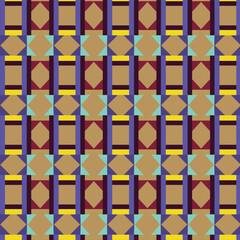 Seamless Geometric Decorative Pattern with Bold Diamonds and Layered Striped Blocks in High-Contrast fabric Design, Featuring Repeating Symmetry. Abstract Textile print used as wallpaper, backgrounds,