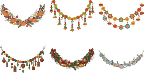 Set of festive toran garland decorations for diwali isolated on transparent background traditional indian holiday ornaments